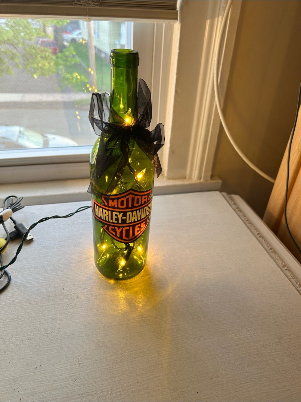 Handcrafted Green and Black Branded Lighted Bottle Decor